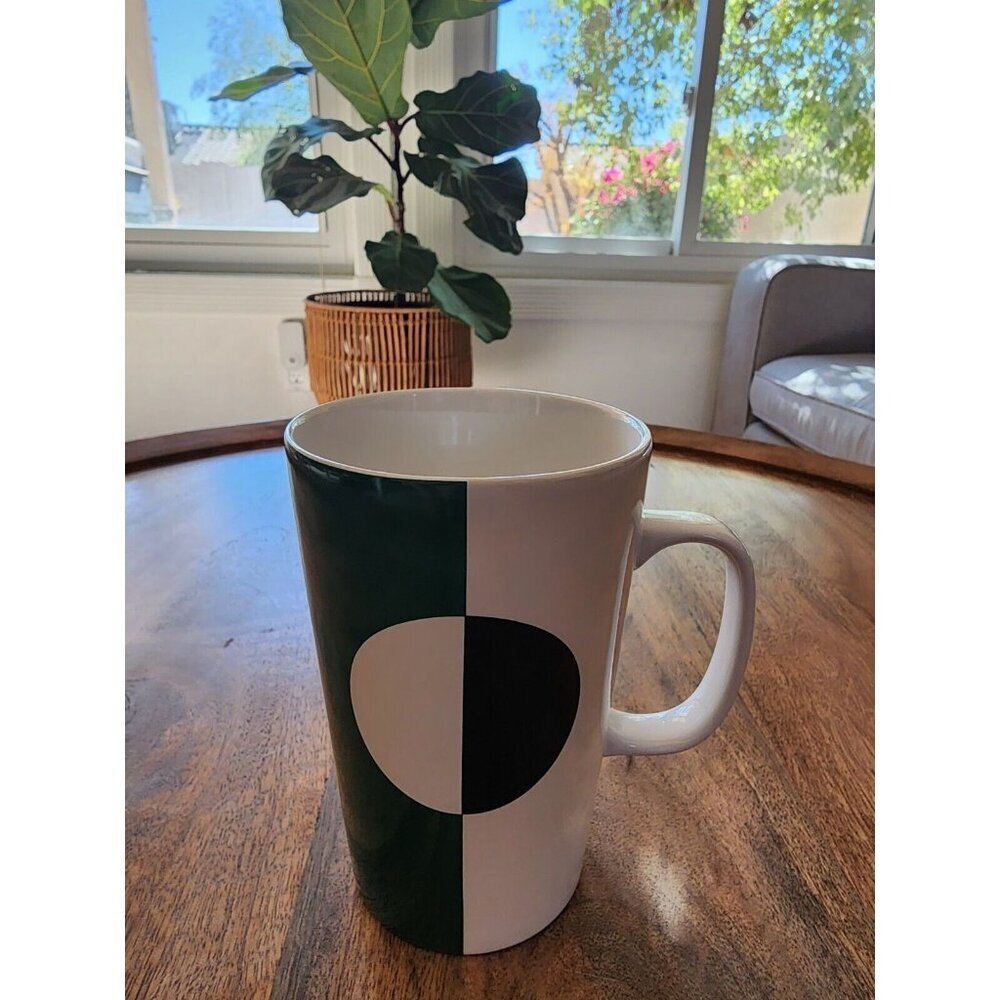2014 Starbucks Geometric Collection Split Dot Black White Green Coffee Mug